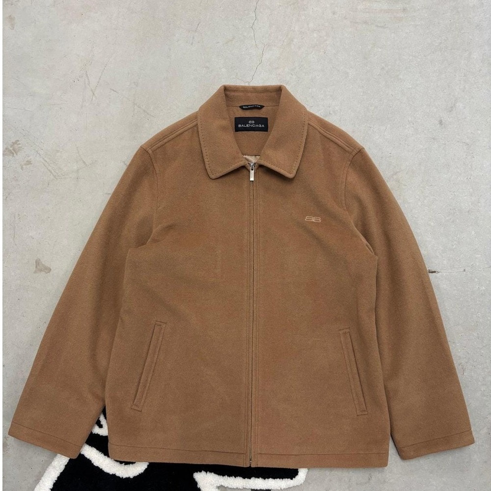 Balenciaga BB Logo Vintage Wool Zip Up Jacket Camel Brown Mens XL Size 5